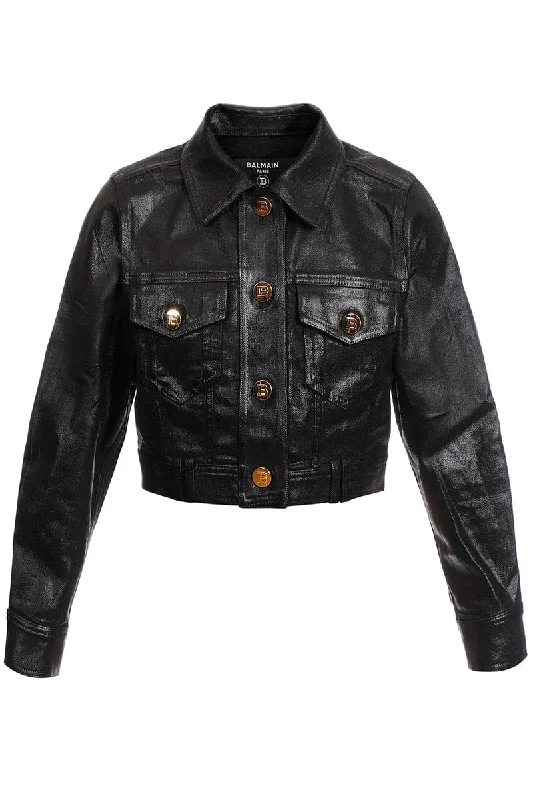 women's down coats -Coated Denim Cropped Jacket