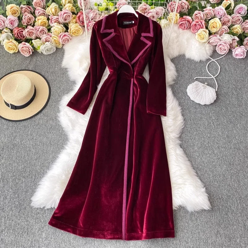 women's plaid coats -velvet suit dress, long ankle-length fashionable long jacket for women     S4115