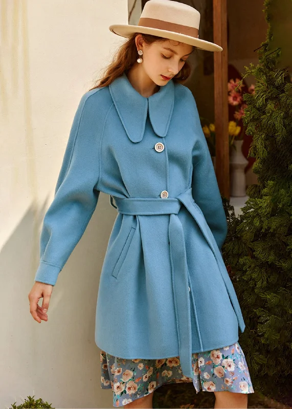 stylish embroidered jackets for women -Platter Collar Belted Wool Blend Coat