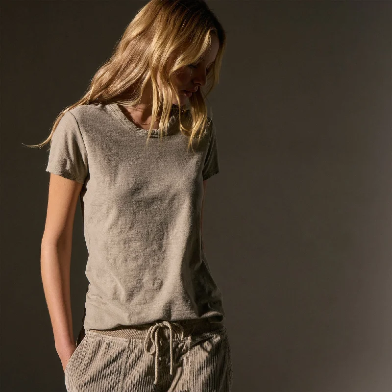 women's off-shoulder tops -Sheer Slub Crew Neck Tee - Overcast