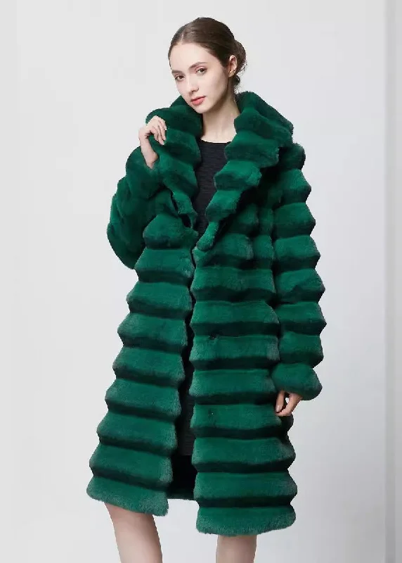 women's fluffy teddy jackets -Green Shawl Collar Faux Fur Long Coat