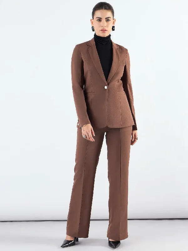 women's metallic skirts -Brown Notched Lapel Blazer With High-Waist Trouser In Stretchable Fabric