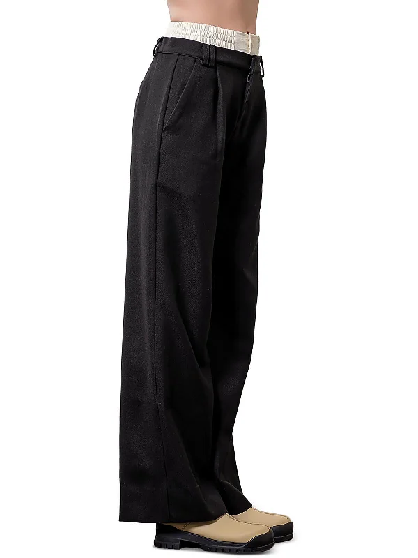 women's cropped pants -Womens Layered Elastic Waistband Straight Leg Pants