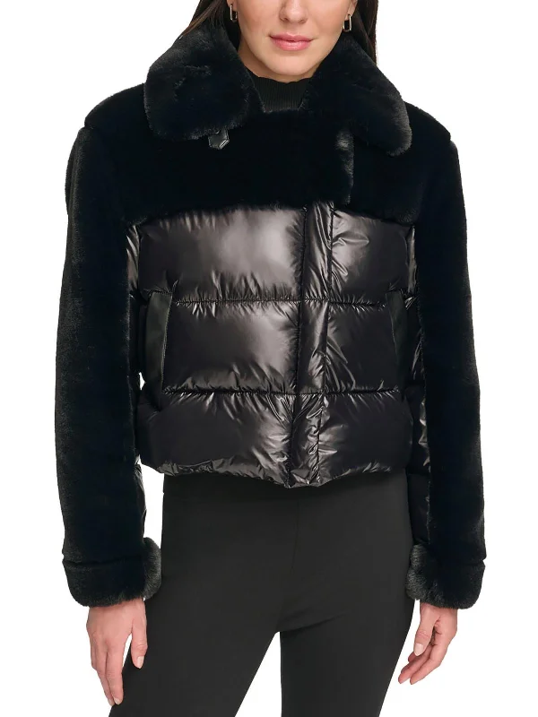 women's cashmere coats -Womens Quilted Faux Fur Trim Puffer Jacket