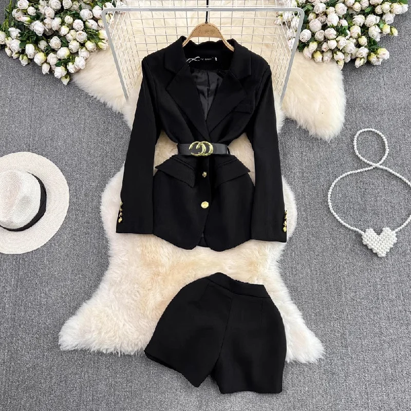 women's hooded down jackets -Fashion suit for women mid-length jacket two-piece  shorts      S4048