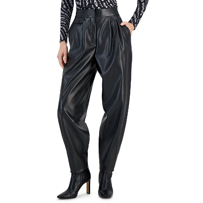 women's sequin pants -Womens Faux Leather Pleated Trouser Pants