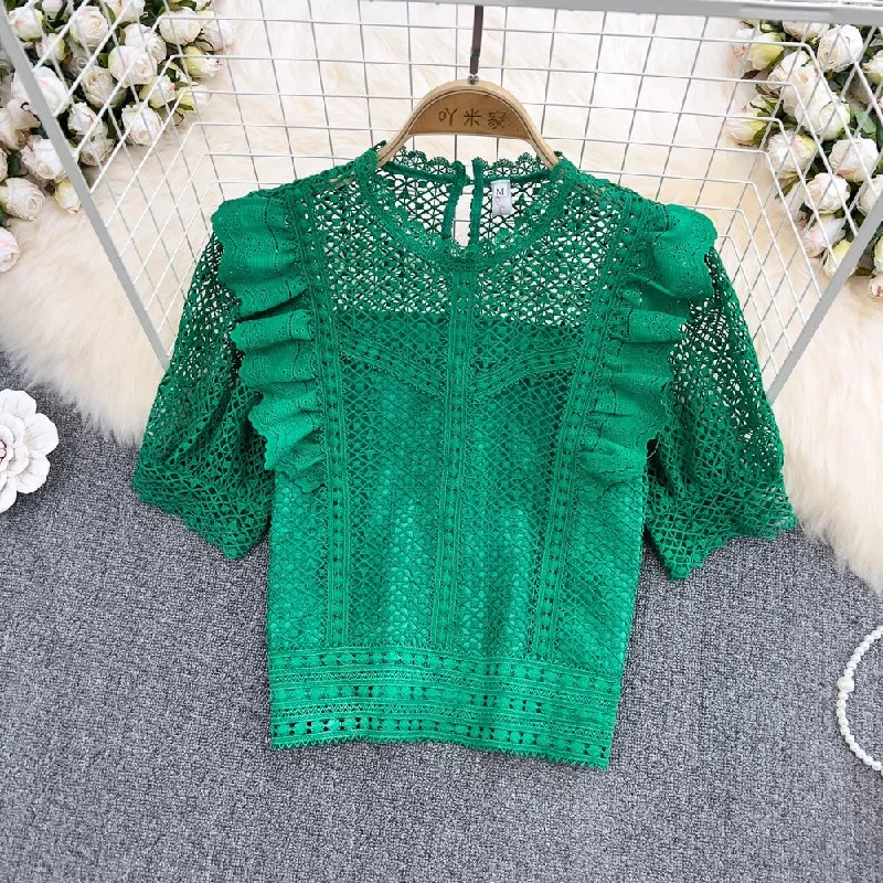 trendy teddy coats for women -New Style Ruffle Short Lace Shirt       S3901