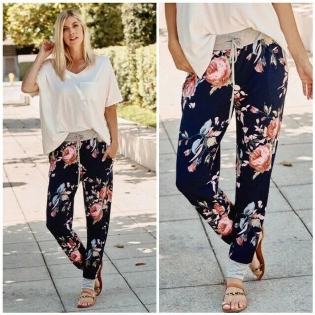 women's jogger pants -Navy Floral Print Casual Jogger Sweatpants Lounge Pants Womens