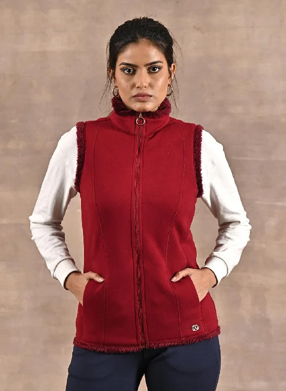 women's sherpa jackets -Red Zip-front Sleeveless Fur Jacket