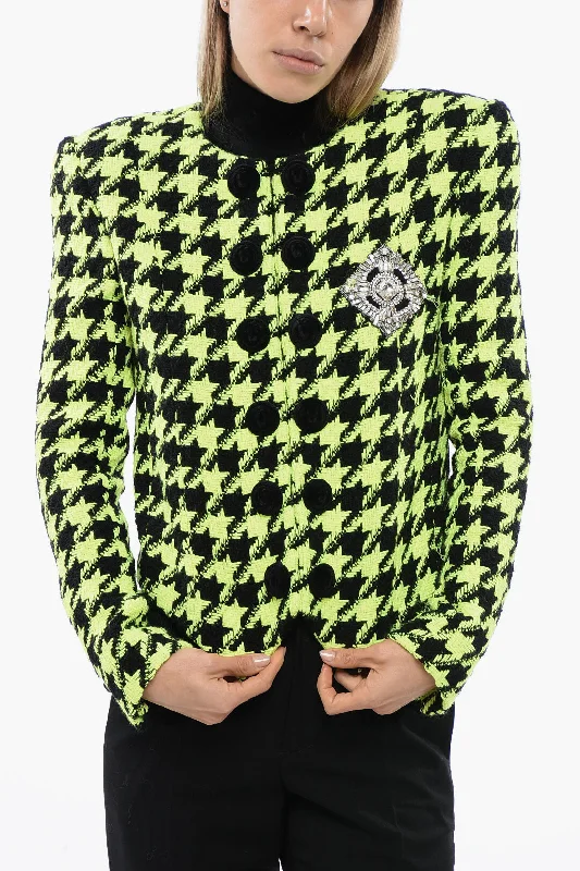 women's luxury fur coats -Balmain Neon Houndstooth Tweed Jacket With Velvet Buttons