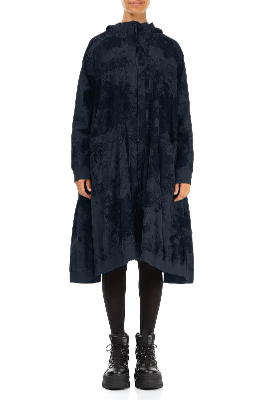 ladies' slim-fit blazers -Oversized Midnight Blue Marble Cotton Swing Coat