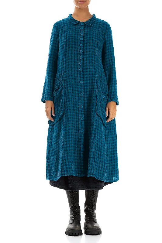 ladies' puff sleeve jackets -Stylish Long Blue Check Linen Jacket