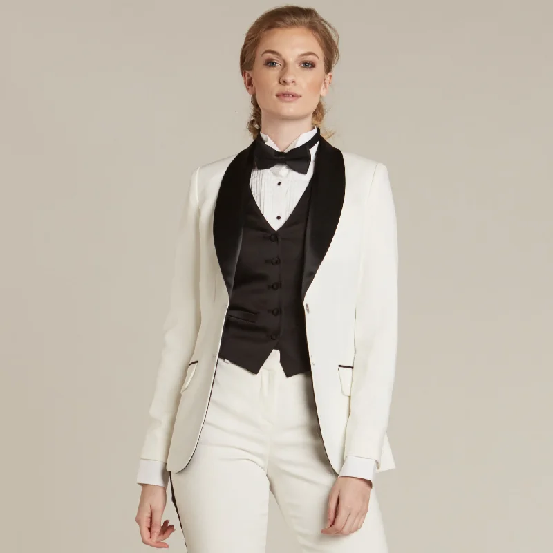 stylish straight-leg trousers for women -Pearl White & Black Shawl Collar Tuxedo Jacket