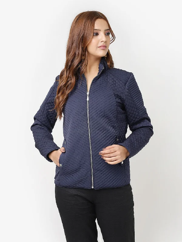 women's satin blazers -Navy Blue Quilted High-neck Jacket for Women