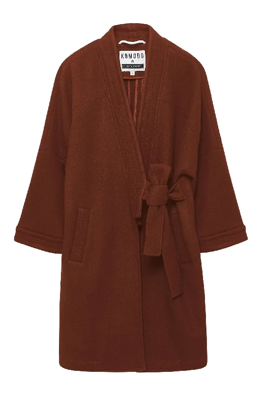 ladies' belted wool coats -KAIA - Wool Blend Twill Coat Chestnut