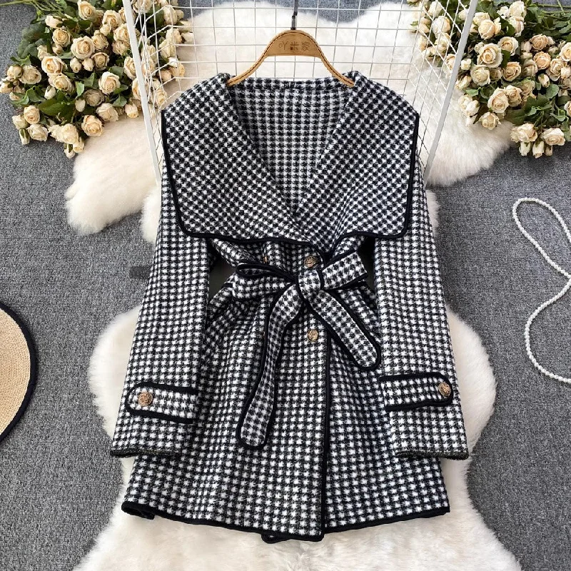 women's classic wool coats -fashionable woolen coat design houndstooth coat      S3896