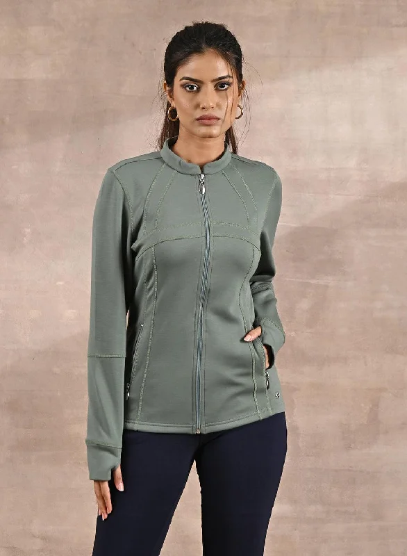 ladies' quilted jackets -Green Long-sleeve Jacket with Decorative Cuts