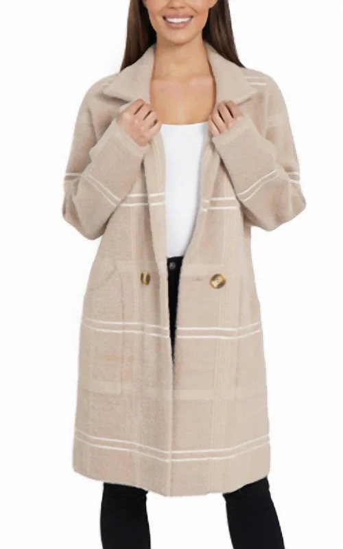 ladies' belted wool coats -Plaid Collared Double-Button Coatigan In Beige