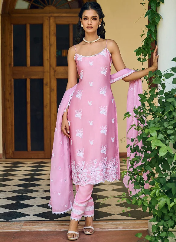 women's lace skirts -Pink Embroidered Cotton Straight Suit