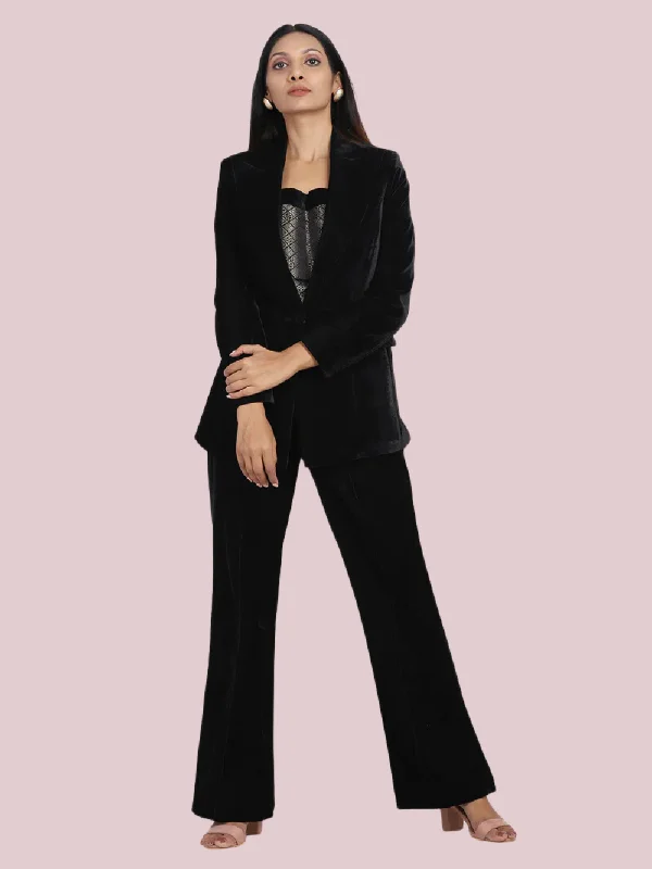 stylish pleated palazzo pants for women -Velvet Pant Suit - Black