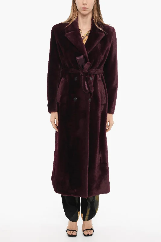 women's hooded coats -Forte_Forte Faux Fur Double-Breasted Coat with Belt