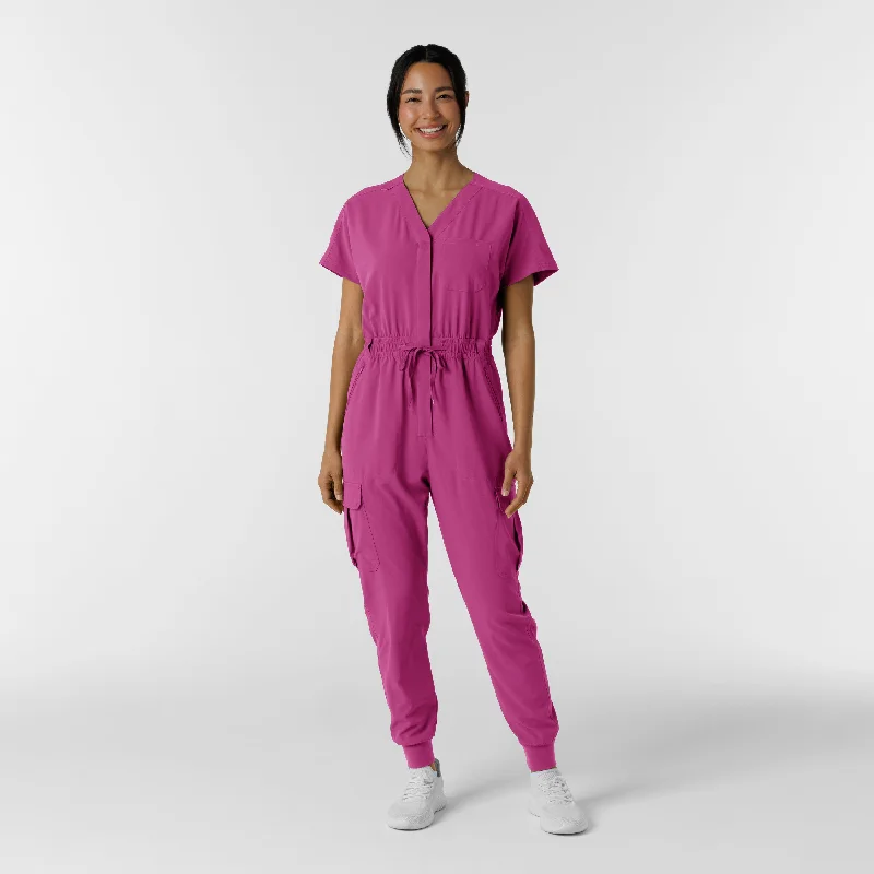 ladies' leather leggings -RENEW Women's Cargo Jogger Scrub Jumpsuit - Raspberry