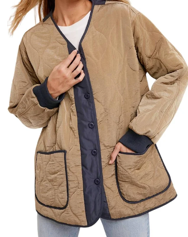 women's high-neck coats -Lightweight Quilted Button Front Jacket In Brown