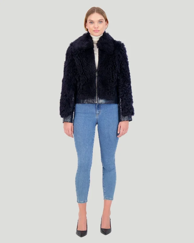 women's waterfall jackets -Shearling Lamb Bomber Jacket with Patent Leather Trim