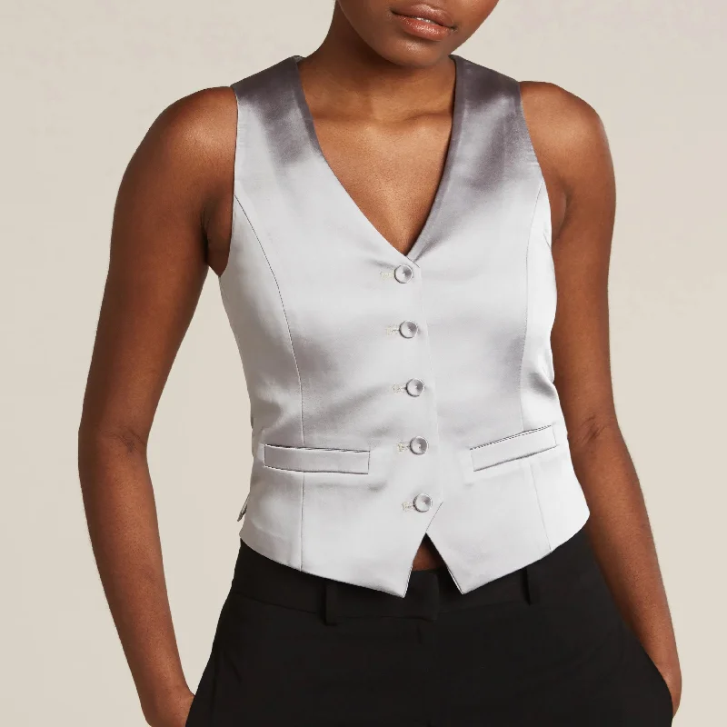 trendy leather pants for women -Silver Gray Tuxedo Vest