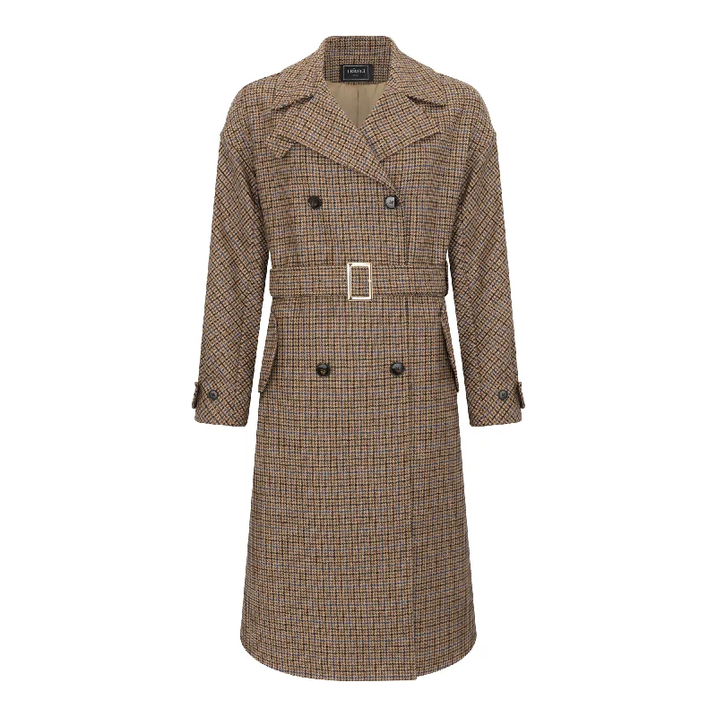 women's down coats -Brown Houndstooth Faye Double Breasted Mac Coat