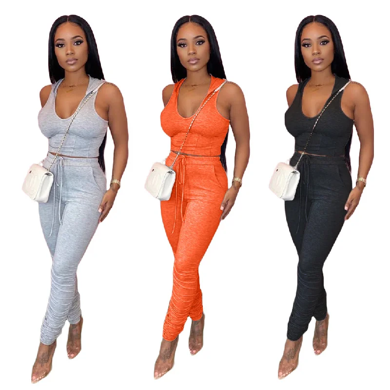 women's checkered pants -Casual Hooded 2 Piece Crop Top Sweatsuit Women Sleeveless Stack Pants 2 Piece Set