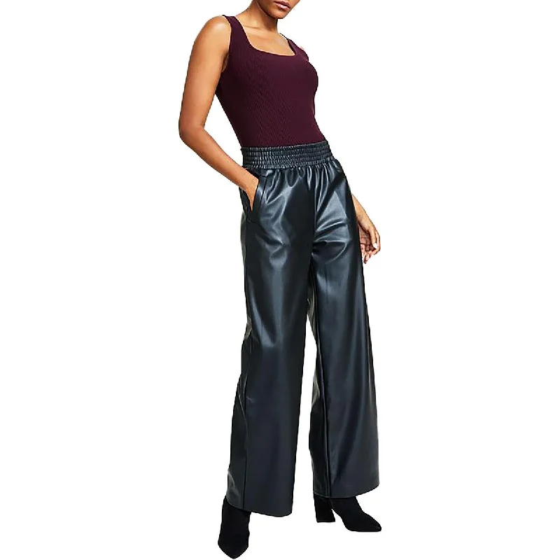 women's yoga pants -Petites Womens High Rise Pull On Wide Leg Pants