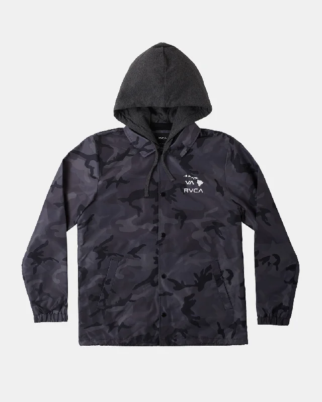 women's utility jackets -Island Hex Hooded Coaches Jacket - Black Camo