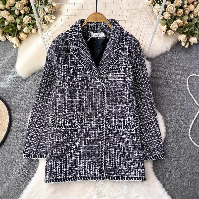 trendy belted jackets for women -Plaid Women Korean Style Coat    S4016