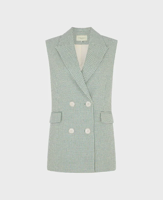 ladies' cropped jackets -Trinity Cotton Silk Blend Houndstooth Sleeveless Jacket