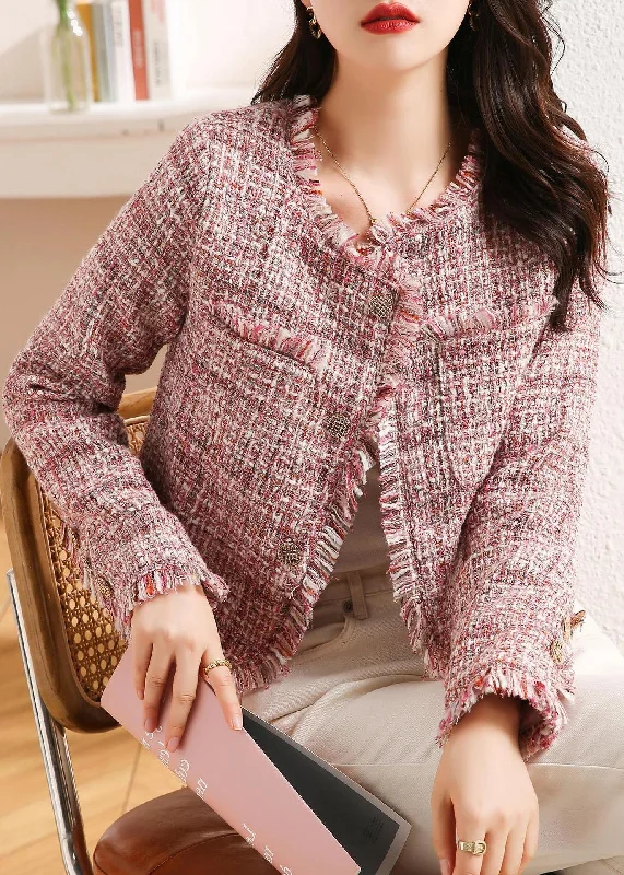 trendy fur-trimmed coats for women -Tweed Pink Tassel Short Jacket