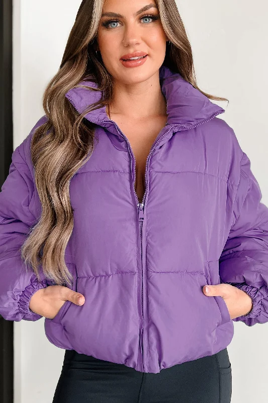 women's poncho coats -Changing Climate Detachable Sleeve Puffer Jacket (Purple)