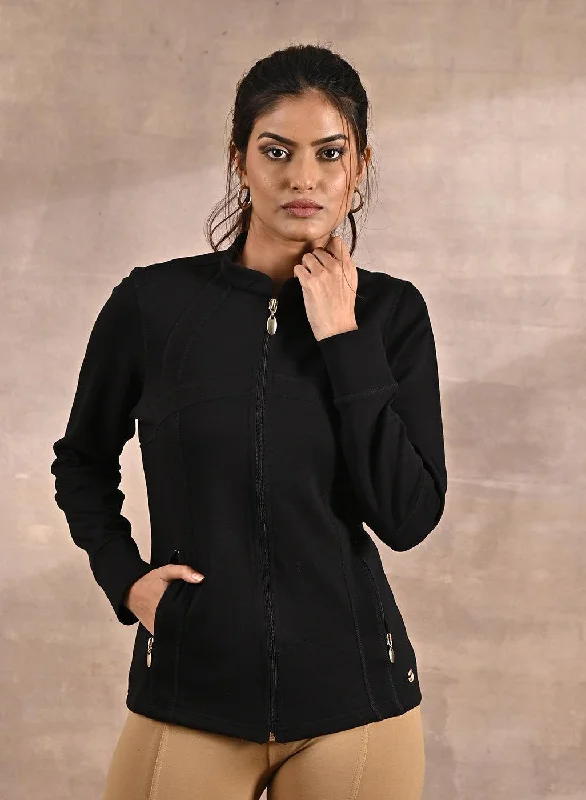 women's double-breasted coats -Black Long-sleeve Jacket with Decorative Cuts