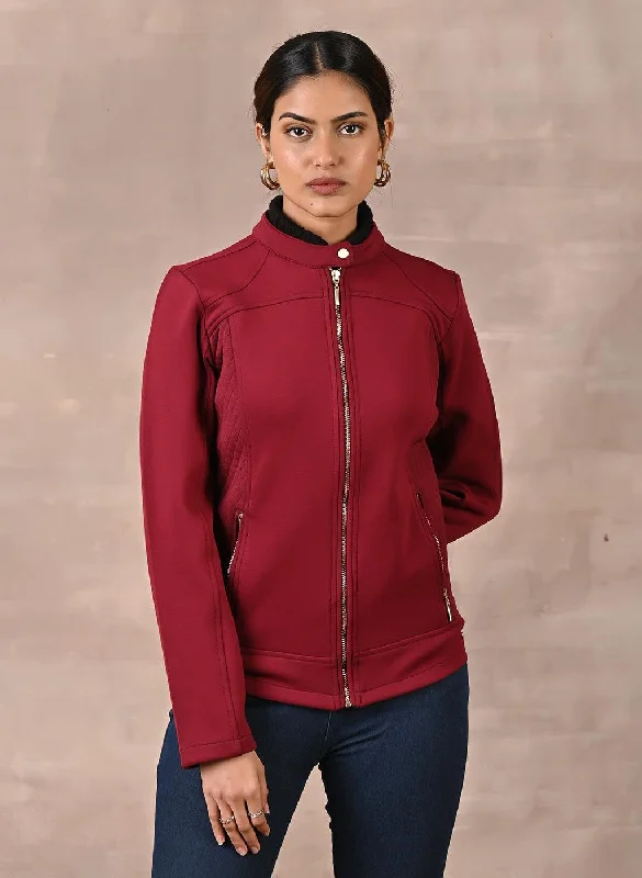 women's button-up coats -Maroon Quilted Jacket with Zipper Detail