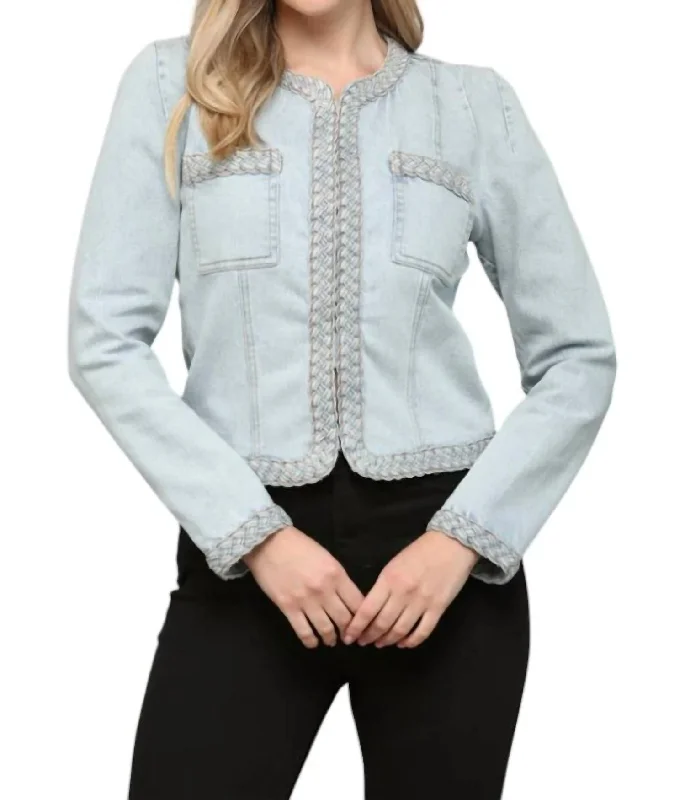 casual fleece coats for women -Braided Trim Jean Jacket In Light Denim