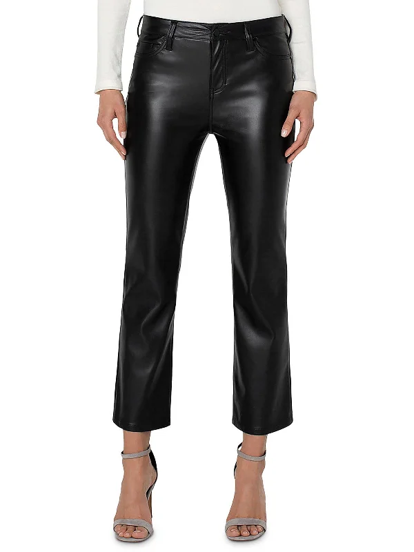 stylish bell-bottom jeans for women -Hannah Womens Faux Leather High Rise Flared Pants