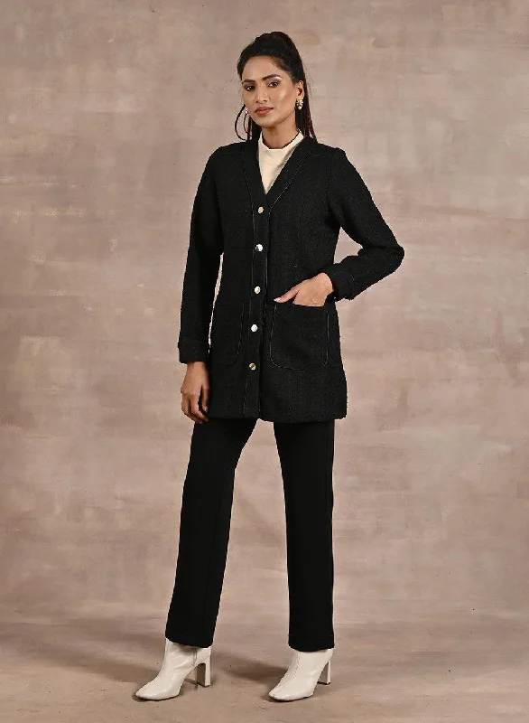 women's classic wool coats -Black Long Sleeve Textured Jacket with Metallic Buttons