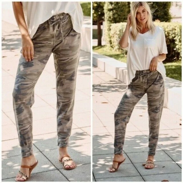 ladies' leather leggings -Army Camo French Terry Casual Jogger Casual Lounge Pants Womens