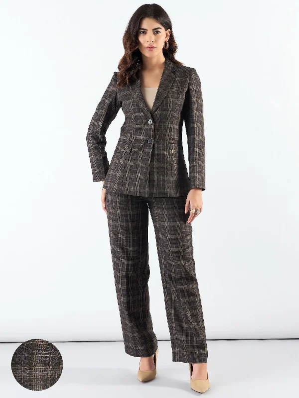 stylish high-waisted shorts for women -Brown Notched Lapel Tailored Fit Long Warm Checkered Blazer Paired With Trouser