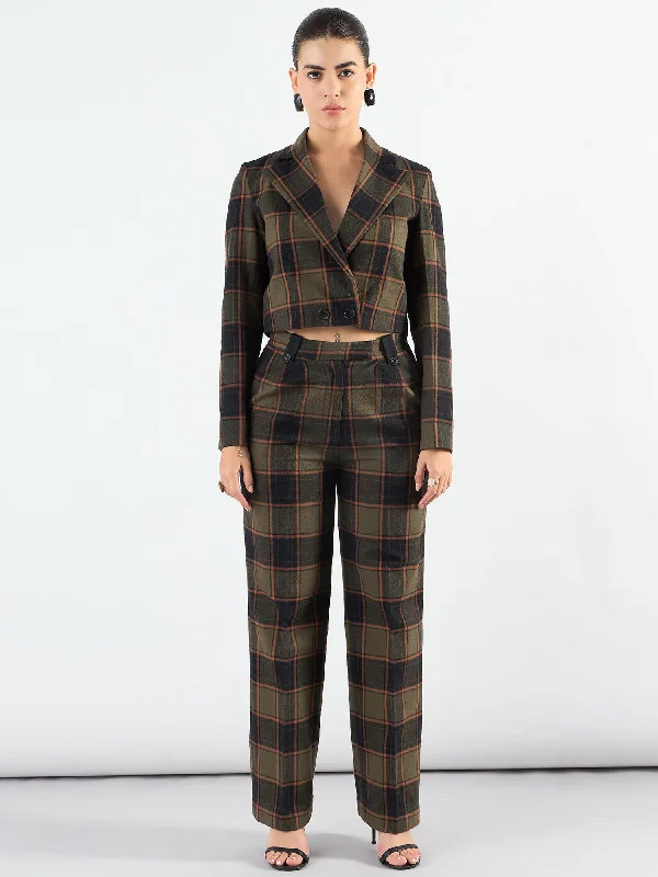 women's cargo pants -Notched Lapel Checkered Warm Crop Blazer With Trouser