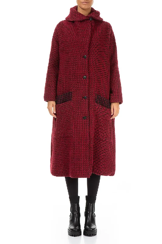 ladies' shearling jackets -Red Patterned Wool Swing Coat