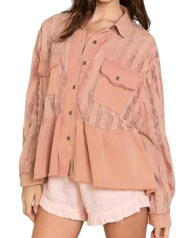 trendy plaid blazers for women -Lace Jacket With Frayed Edge In Blush