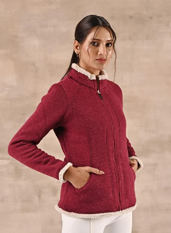 stylish bomber jackets for women -Maroon Zip-front High-neck Fleece Jacket with Pockets