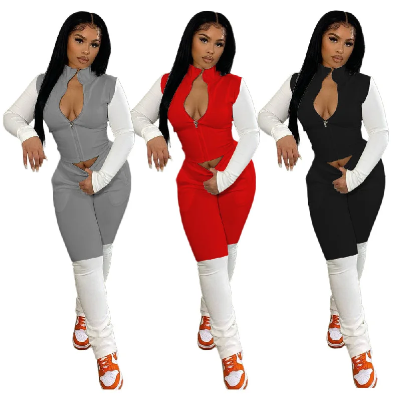 trendy textured leggings for women -Casual Long Sleeve Panel Woman Clothing 2 Pieces Set 2 Piece Fall Sets Sexy Two Piece Set