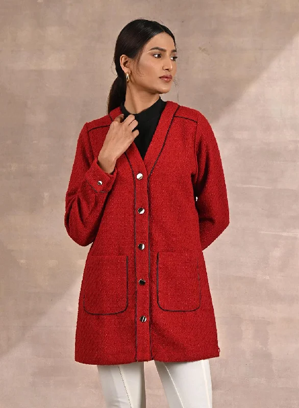 trendy plaid blazers for women -Red Long Sleeve Textured Jacket with Metallic Buttons